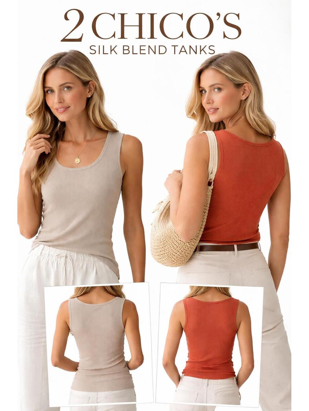 Chico’s Silk Blend Ribbed Tank Tops Bundle Neutral Beige & Rust Orange Size 0